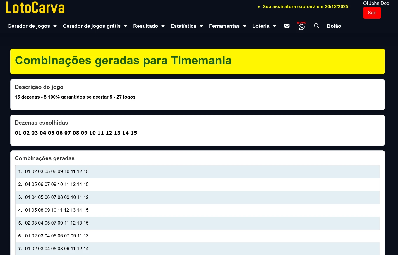 Combinações geradas para apostar na Timemania