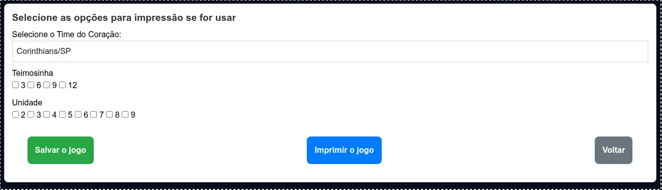 Opções de impressão dos jogos da Timemania