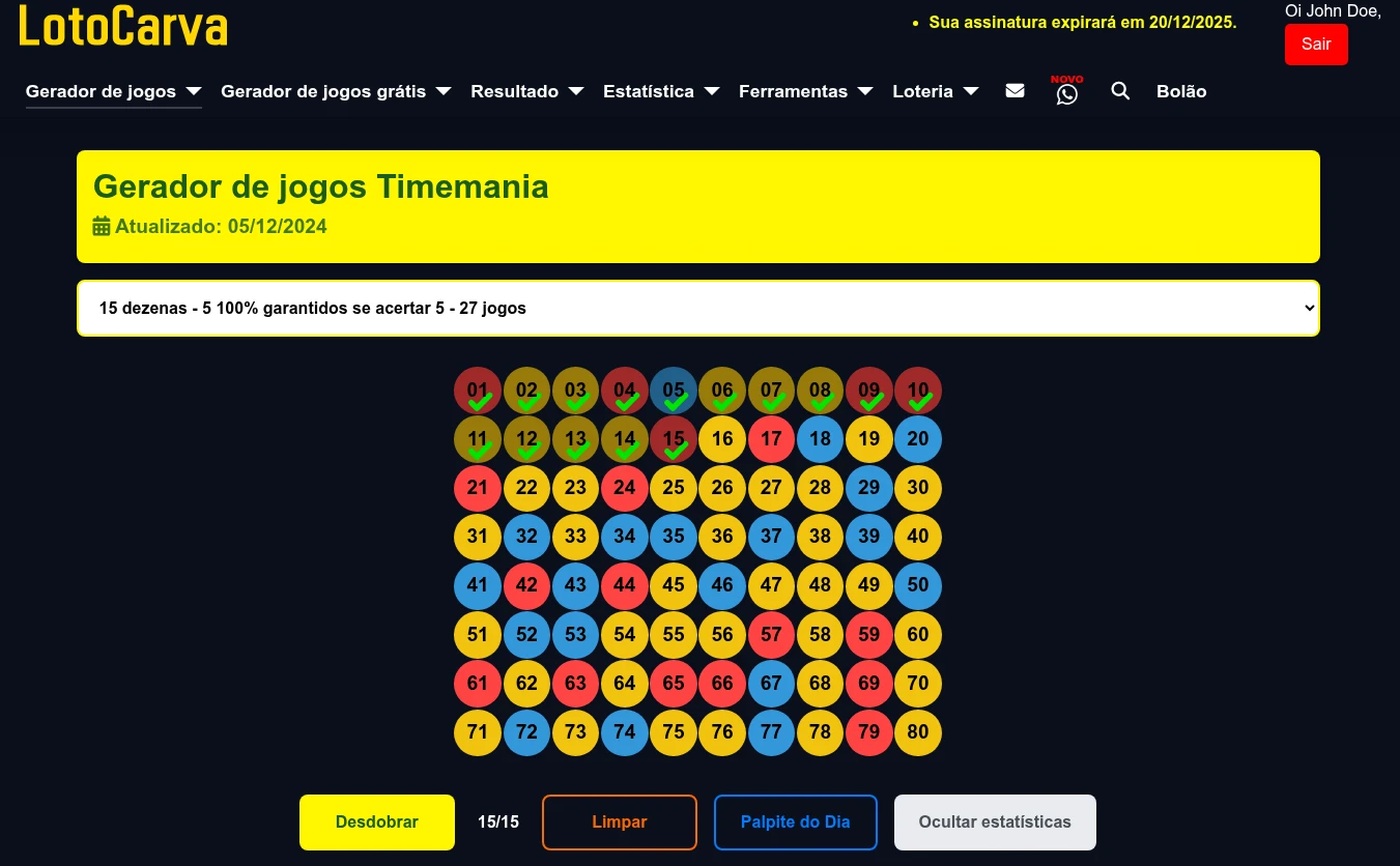 Tela do gerador de jogos da Timemania no Lotocarva.com