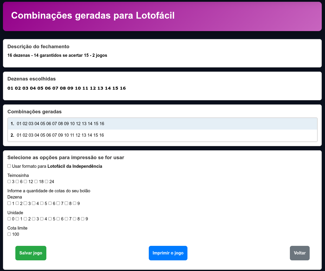 Gerador de fechamentos da Lotofácil no celular — Lotocarva