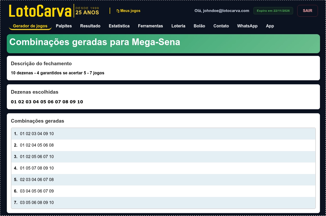 Lista de combinações geradas para impressão