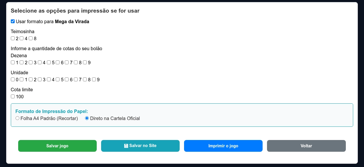 Menu de opções de impressão selecionadas
