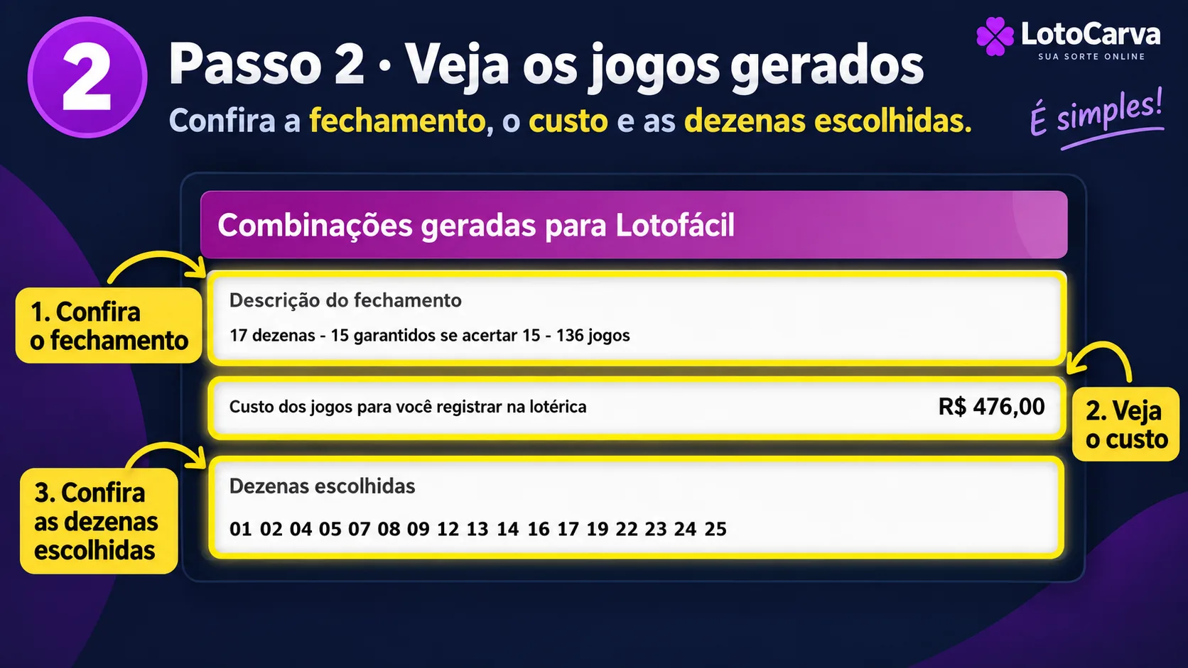 Resultado do Gerador mostrando a descrição do fechamento, o custo e as dezenas escolhidas