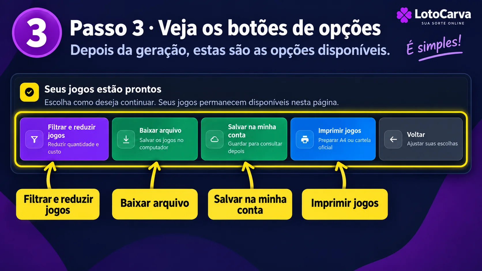 Botões disponíveis depois da geração dos jogos, incluindo Filtrar e reduzir jogos, Baixar, Salvar e Imprimir